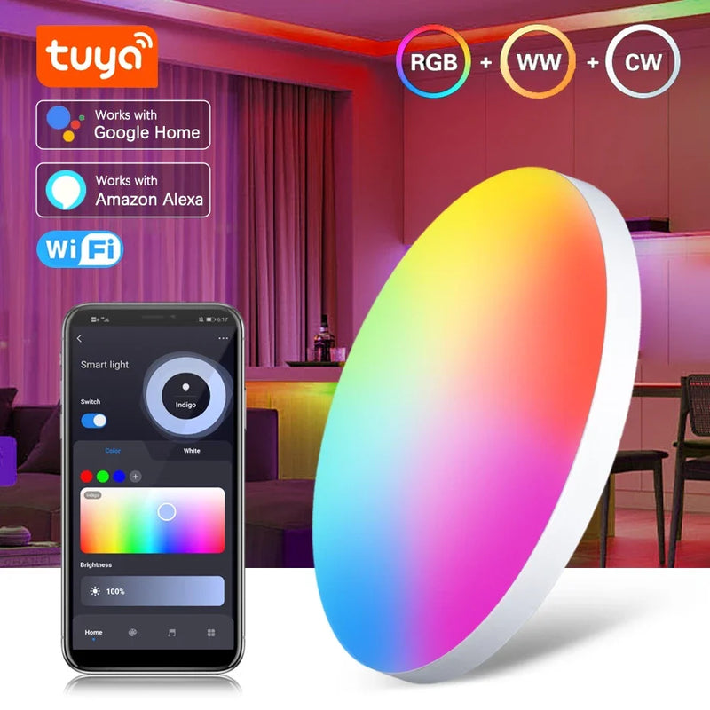 Lâmpada De Teto 24W / 110v Inteligente WiFi Tuya Smart App Forma Redonda Mutável Cor RGBCW Controle Remoto
